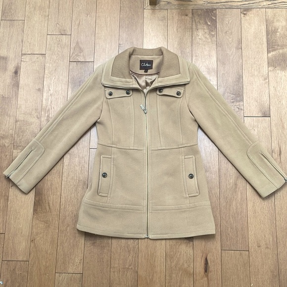 Cole Haan wool blend military trench coat jacket beige tan zipper size 4 - Picture 5 of 14